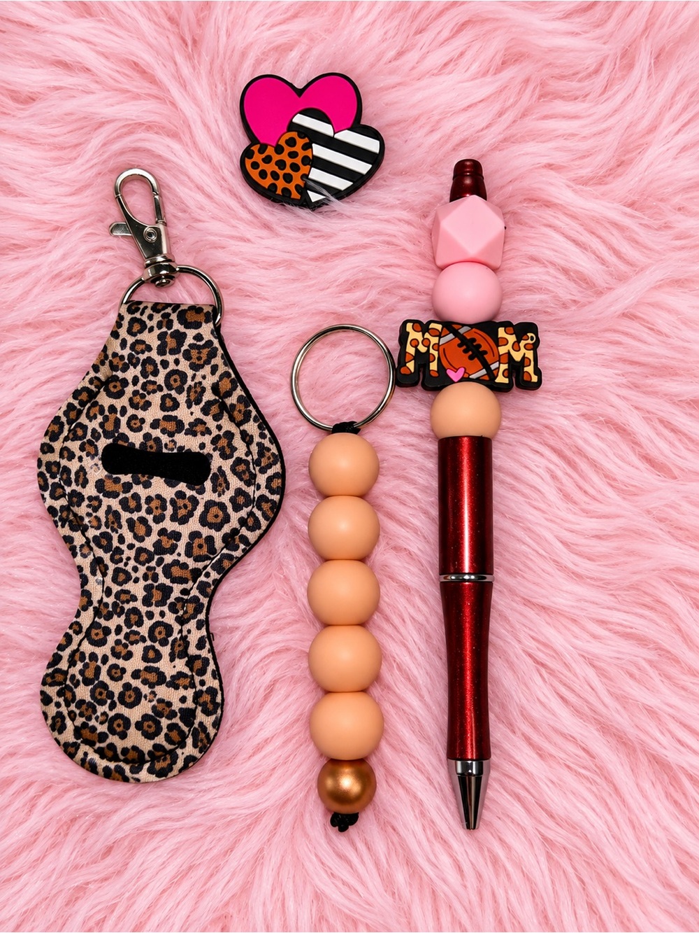 Leopard Print Lip Balm Holder with Peach Beaded Keychain and Red Pen